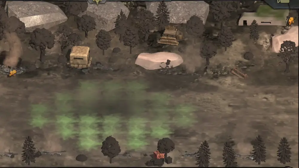 The same spot after the drop: rubble, black trees, ash