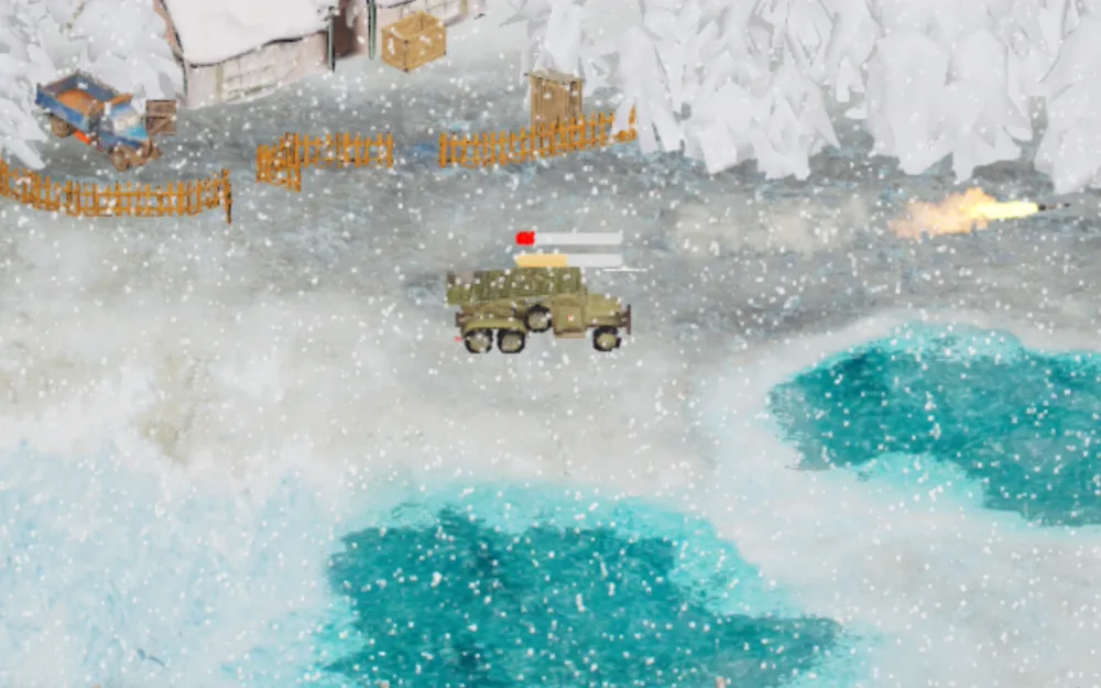 A half-track under fire on the snow front, beside the thin ice