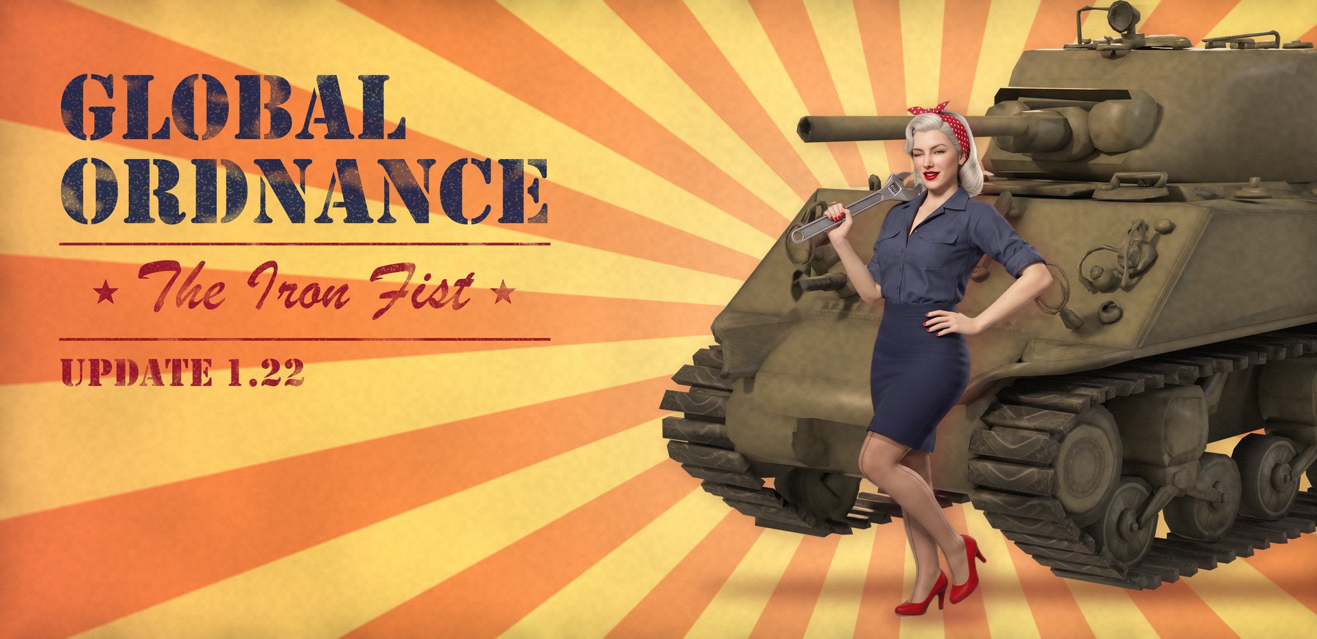 Global Ordnance: The Iron Fist update 1.22 pin-up poster: a mechanic with a wrench in front of a Sherman tank